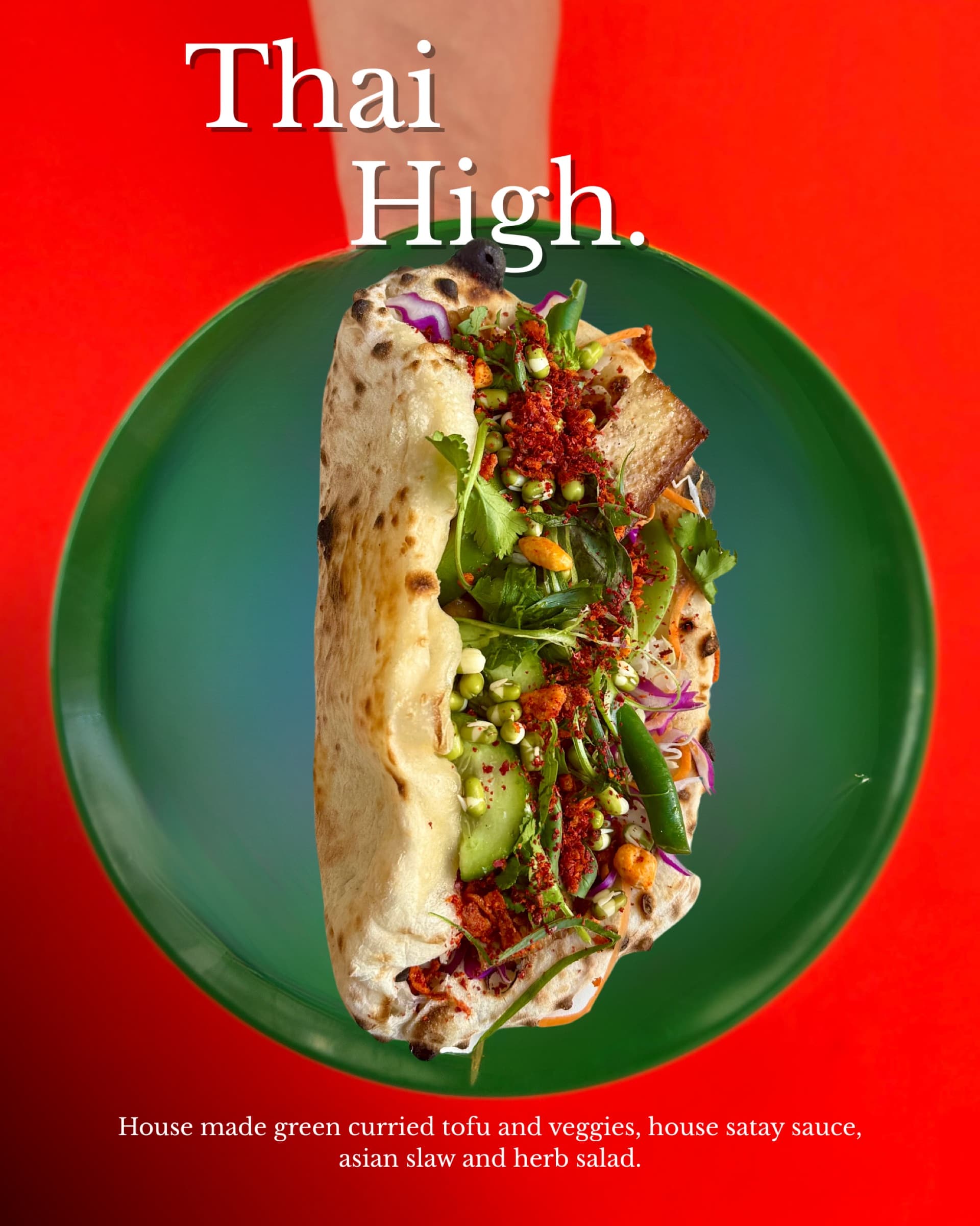 Thai High ozzo on a green plate against a red backdrop — house-made green-curried tofu, satay, Asian slaw, herb salad