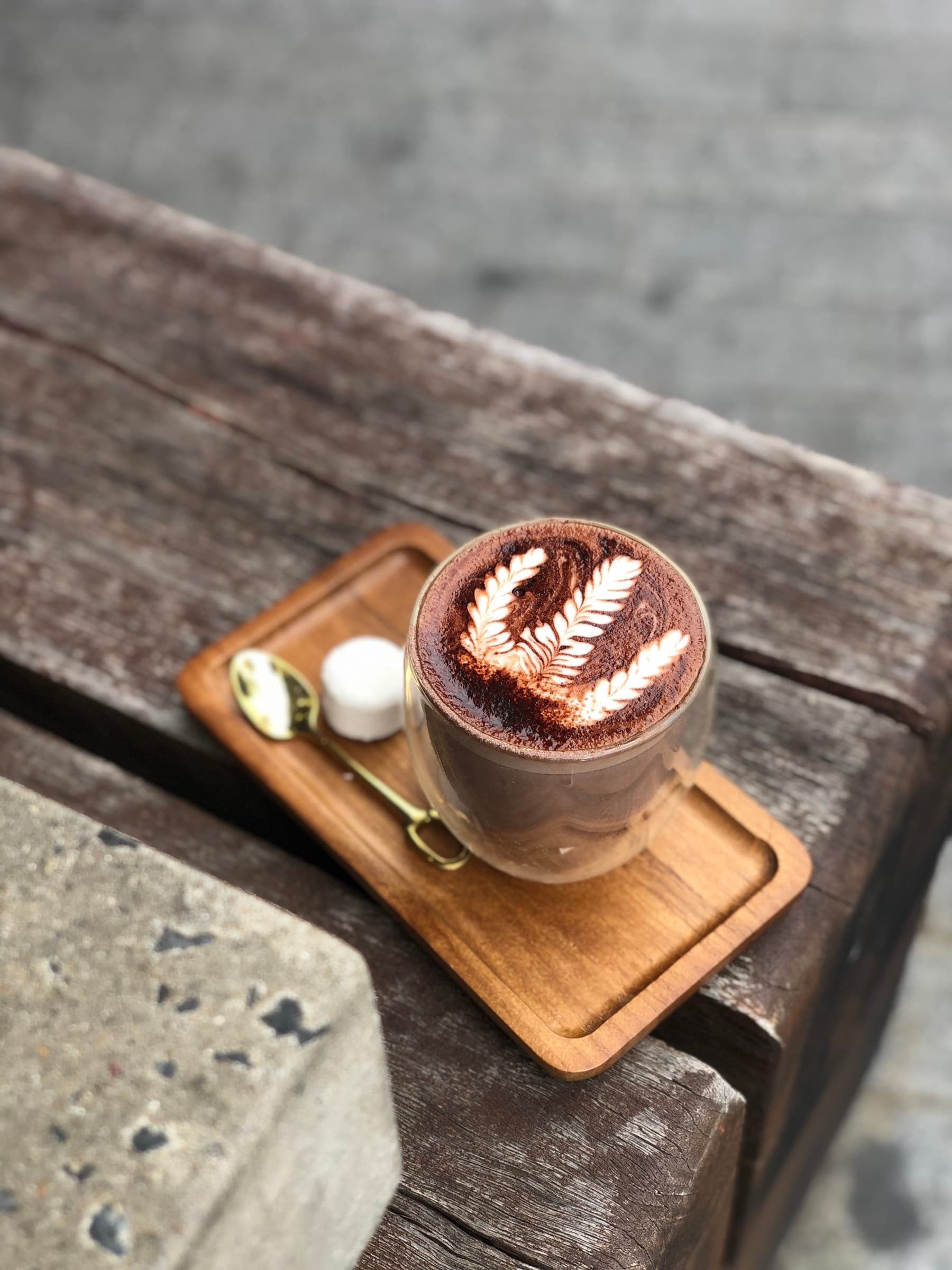 Mocha with cocoa-dusted fern latte art in a glass mug, sunlit on a weathered timber bench